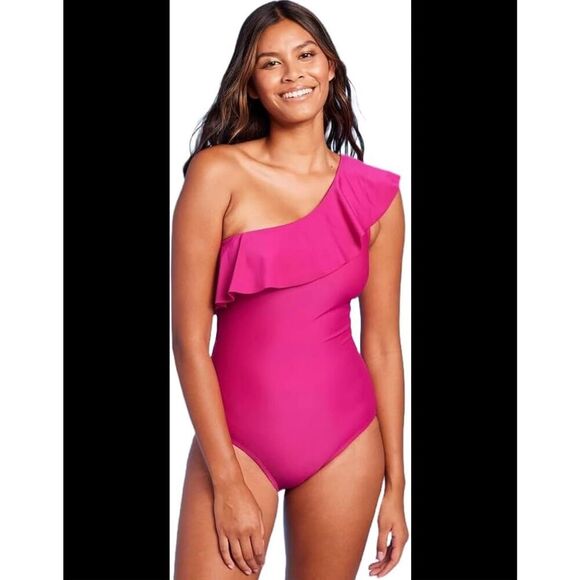 Kona Sol Pink One Shoulder Ruffle One Piece Swimsuit With Padding Size Medium - Picture 1 of 5